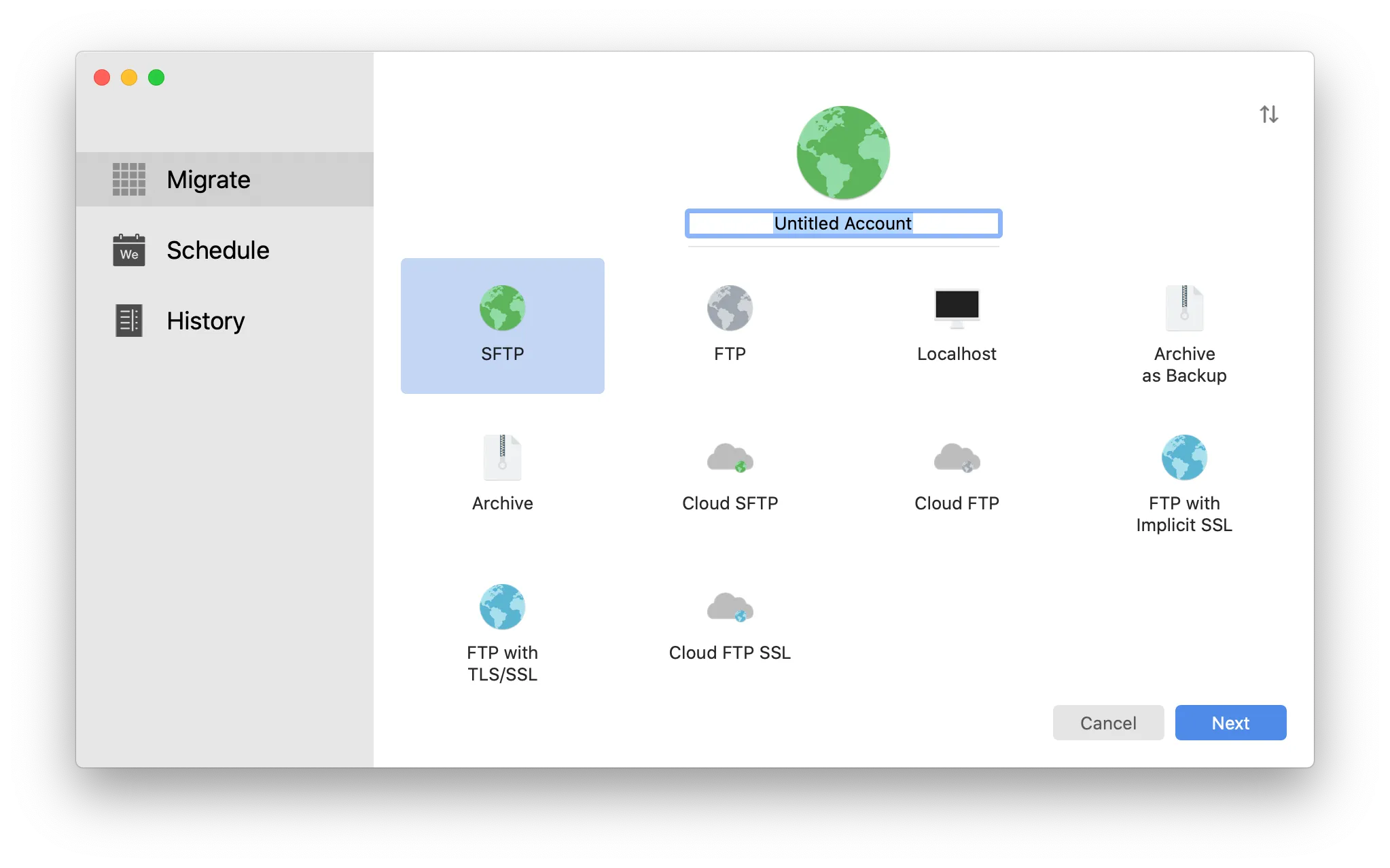 Choosing an account type when creating a new account in Migrate