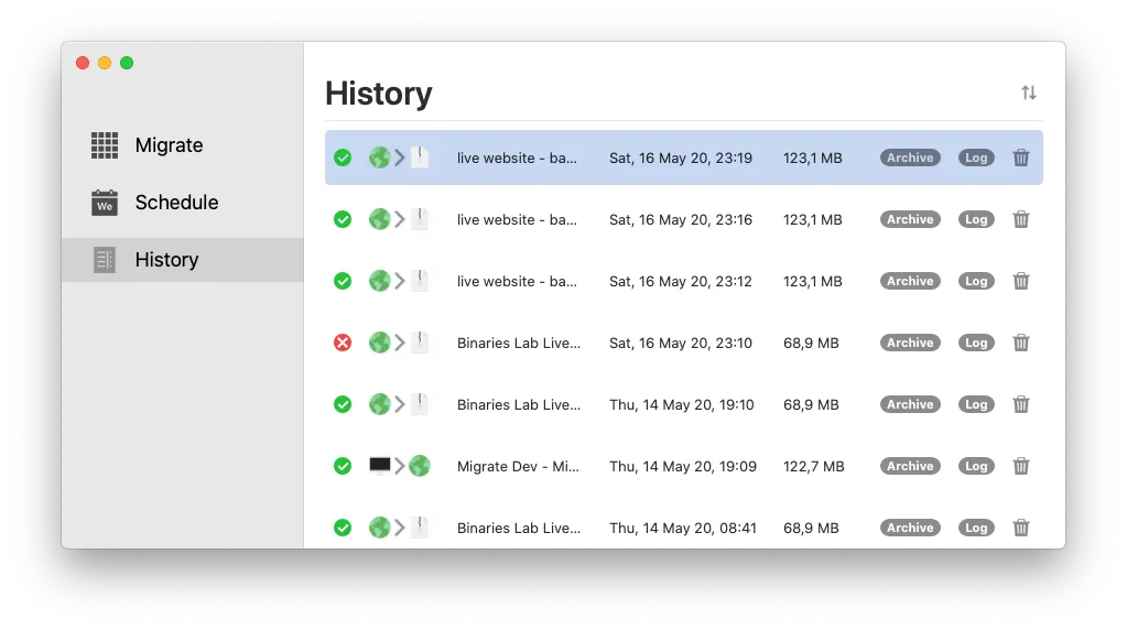 The Migrate history list showing completed and failed migrations