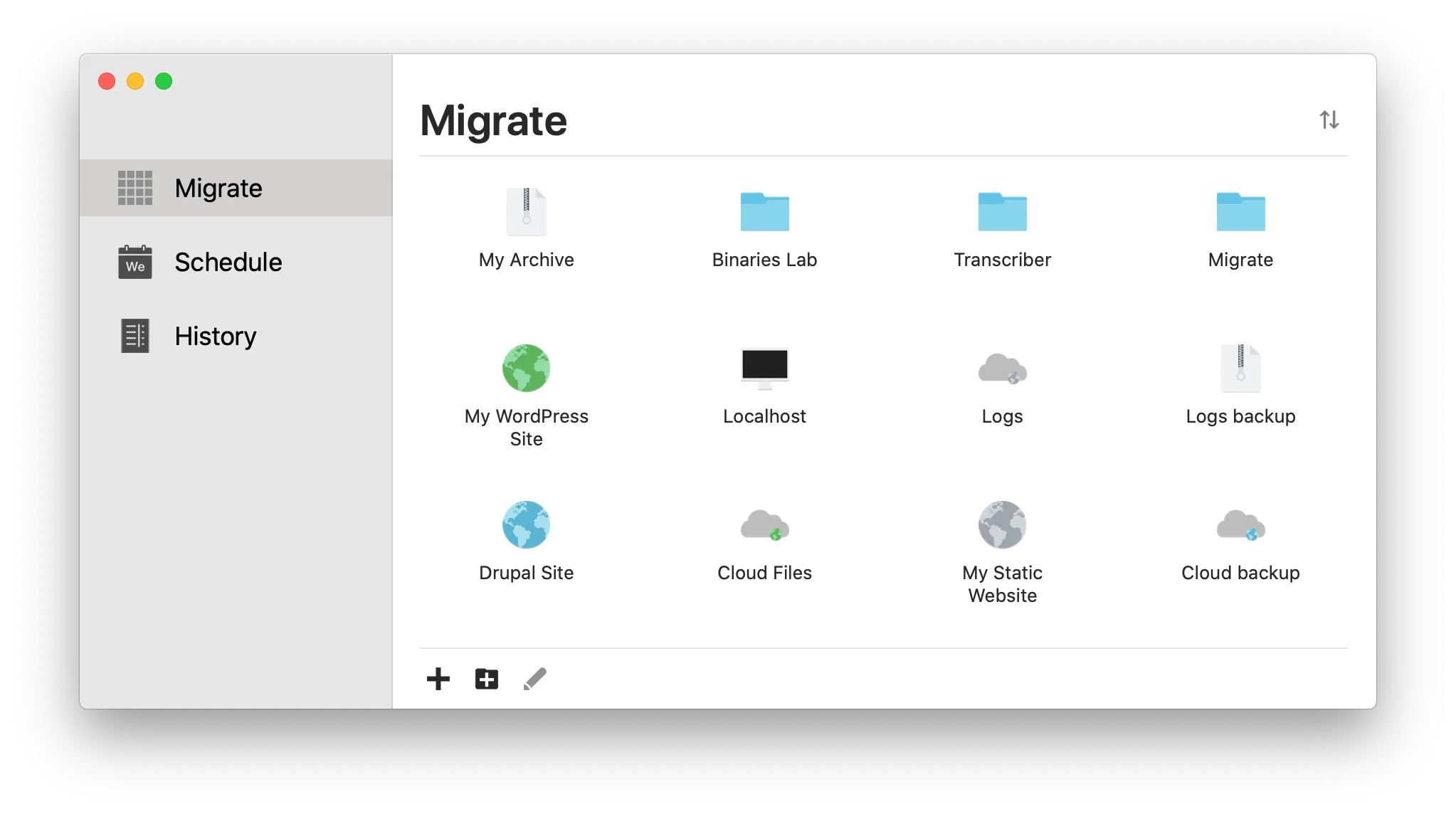 The Migrate main window listing saved accounts and projects