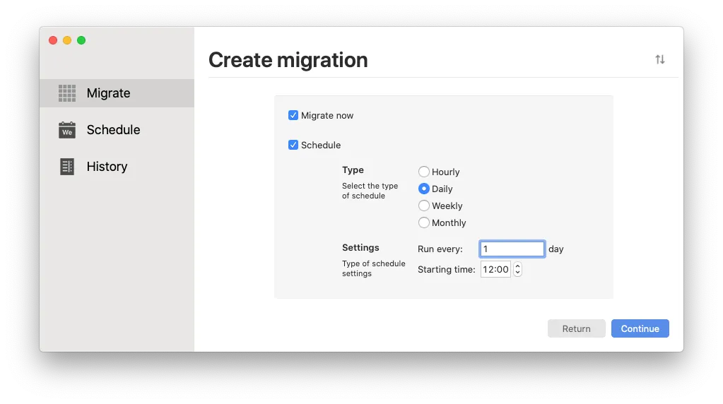 Setting a daily schedule for a migration in Migrate