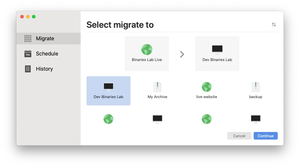Selecting the destination account for a migration in Migrate